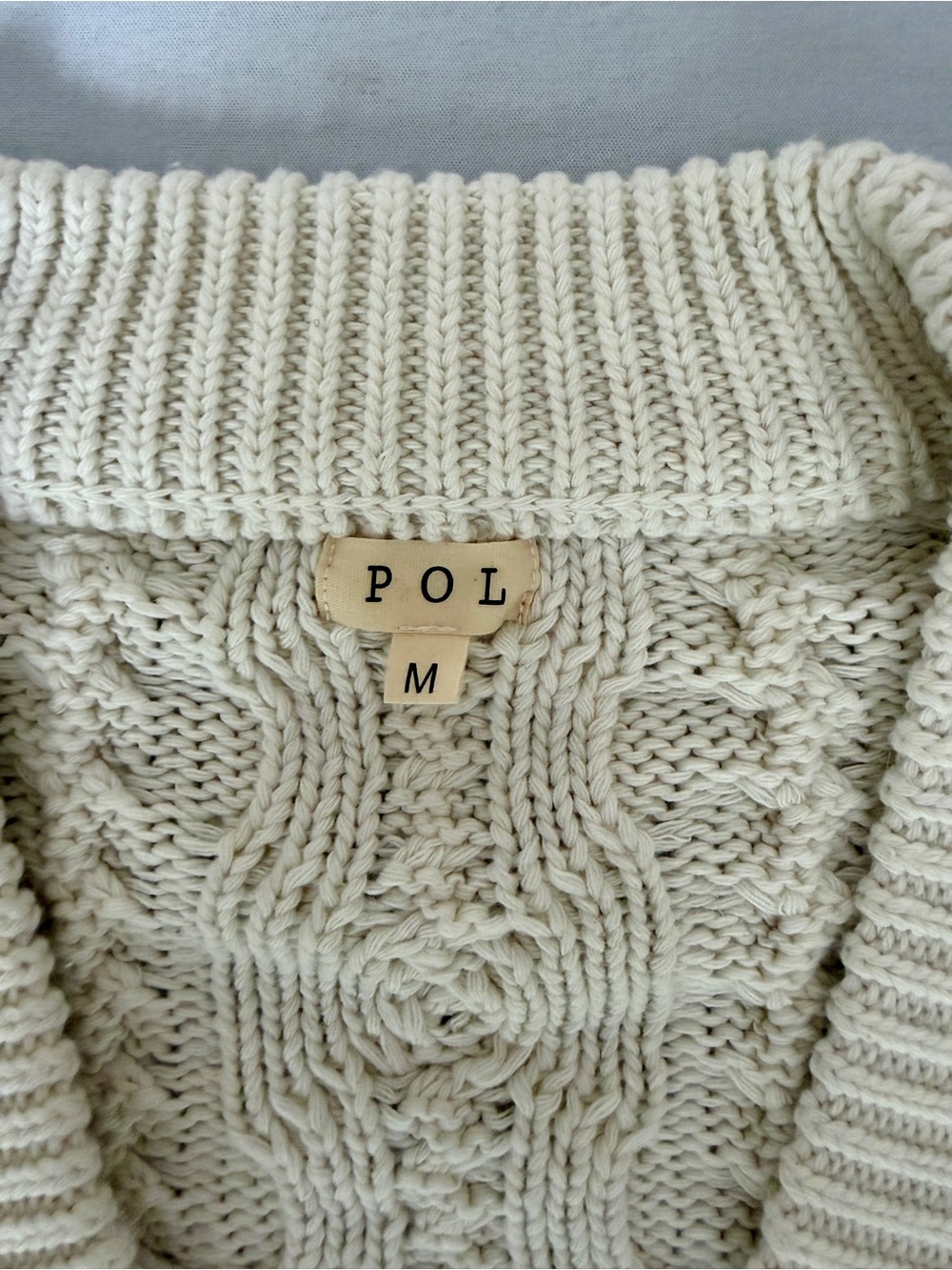 POL Cream Cable Knit Cardigan Quilted Pink Satin Patchwork Button Front Size M - Picture 6 of 15